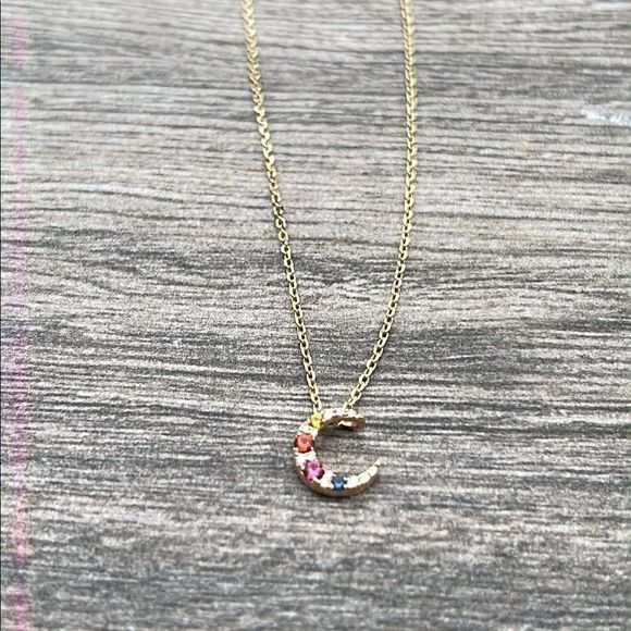 14K Yellow Gold Mini Diamond and Sapphire Crescent Moon Necklace - Picture 5 of 7
